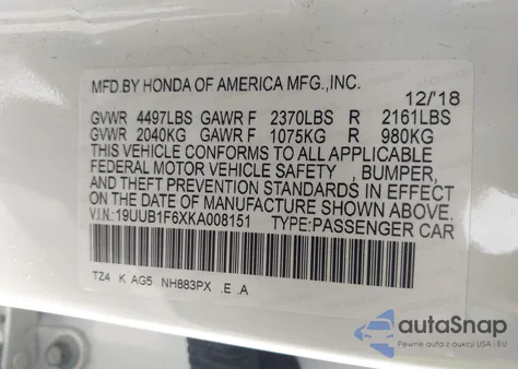 2019 Acura Tlx Tech A-Spec Pkgs from USA, damaged, VIN 19UUB1F6XKA008151